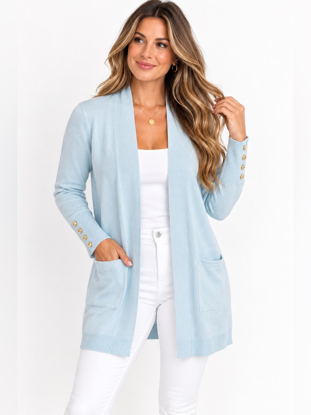 JM Collection Light Blue Open Front Long Cardigan Gold Buttons